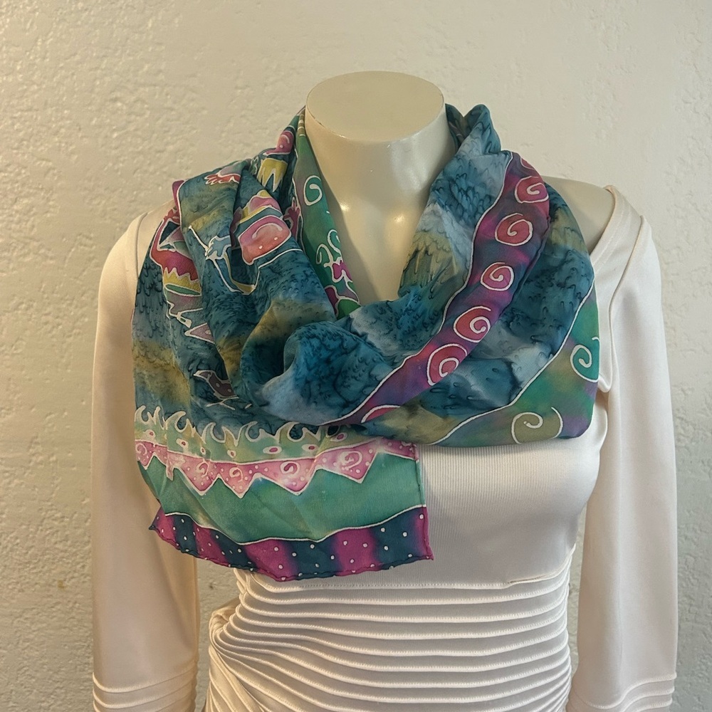 MSPCC Elegant multicoloured Silk The dye Scarf 10”x 25”.
